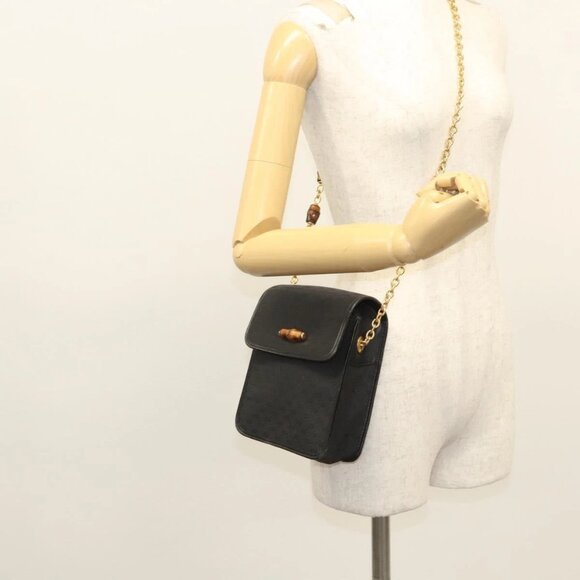 GUCCI Micro GG Canvas Bamboo Shoulder Bag PVC Black Gold Auth sw753 - Picture 1 of 15